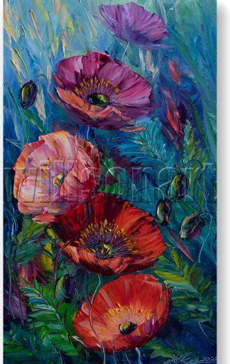 Red Poppy Flower Oil Painting Textured Palette Knife Original Art 12x20 Original Textured