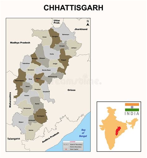 Chhattisgarh Map Showing State Boundary And District Boundary Of