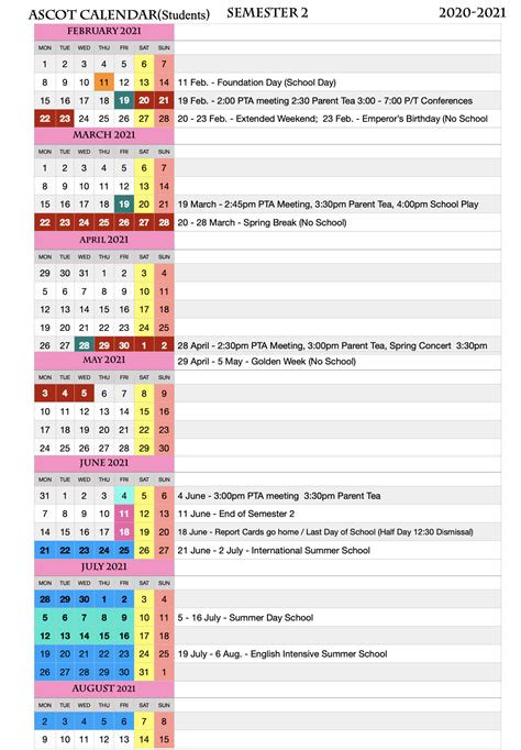 School Calendar – Ascot International School Japan