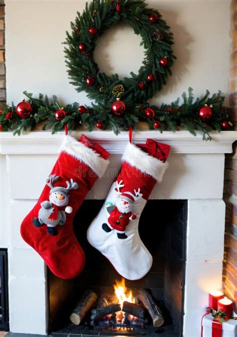 Christmas Stockings Hanging By A Fireplace With A Low Camera Angle