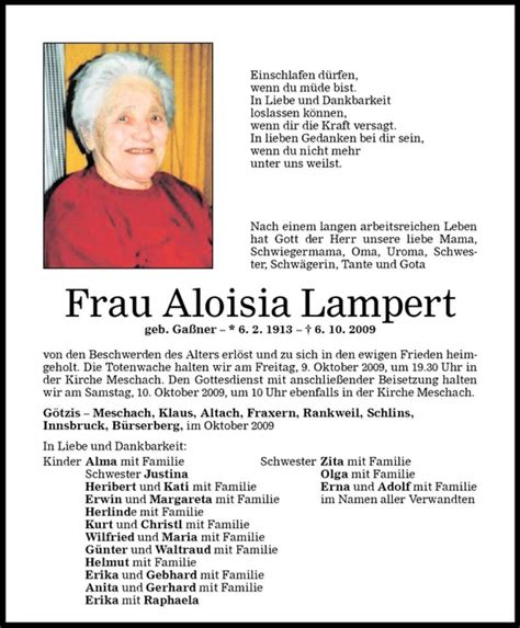 Todesanzeigen Von Aloisia Lampert Todesanzeigen Vorarlberger Nachrichten