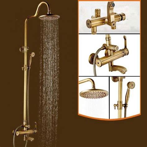 Juno Antique Brass Rain Shower System With Handheld Shower Faucet