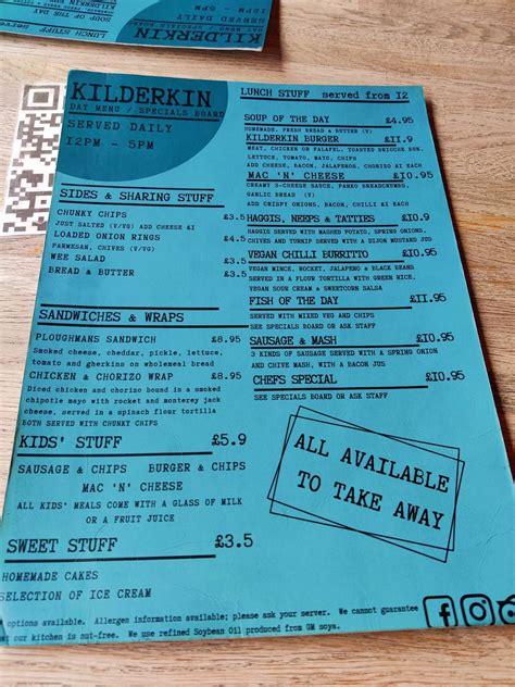 Menu at Kilderkin pub & bar, Edinburgh