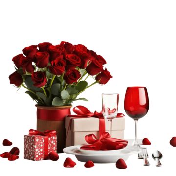 Valentines Day Dinner With Table Setting With Gift Red Roses Hearts