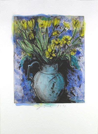 Jim Dine Blue Vase Yellow Flowers Mixed Media On Paper Limited Edition