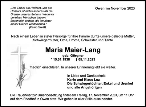 Trauer Maria Maier Lang 11 11 2023 Teckbote Trauerportal