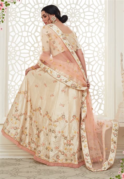 Cream Silk Embroidered Lehenga Choli C