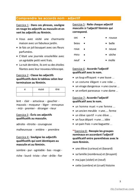 Genre Et Nombre Des Adjectifs Fran Ais Fle Fiches Pedagogiques Pdf Doc