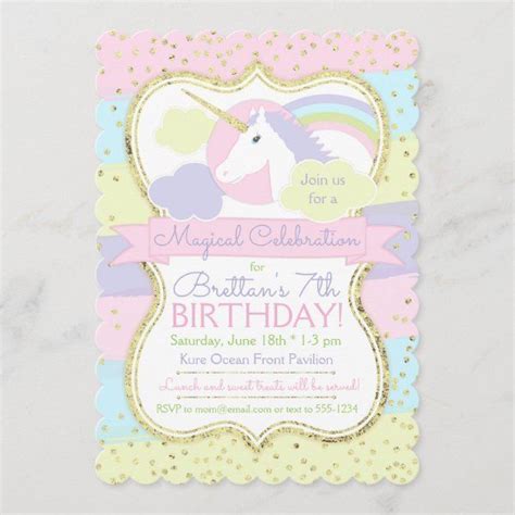 Unicorn Birthday Invitation Pink Purple Gold Unicorn Birthday