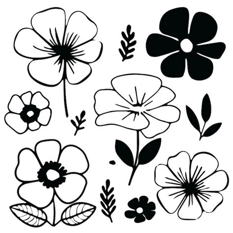 Premium Vector A Collection Of Black And White Flowers With Leaves