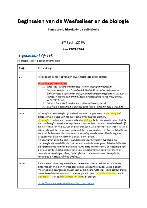 Samenvatting Weefelleer Adhv Cursus Beginselen Van De Weefselleer En