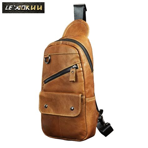 Men Original Leather Casual Triangle Chest Sling Bag Design Travel Daypack One Shoulder Bag