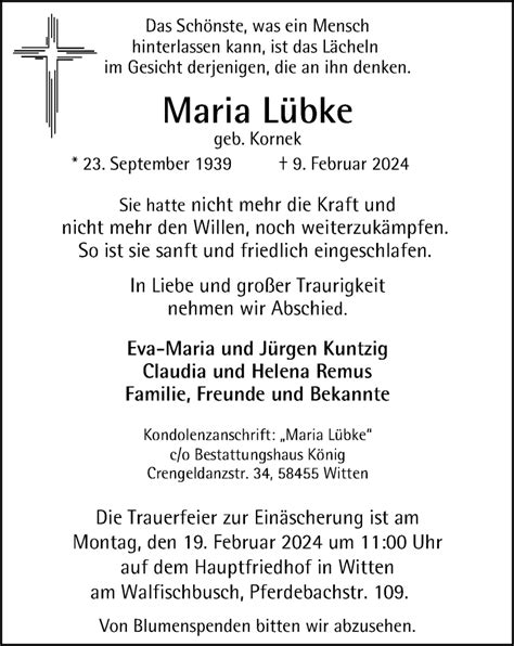 Traueranzeigen von Maria Lübke Trauer in NRW de