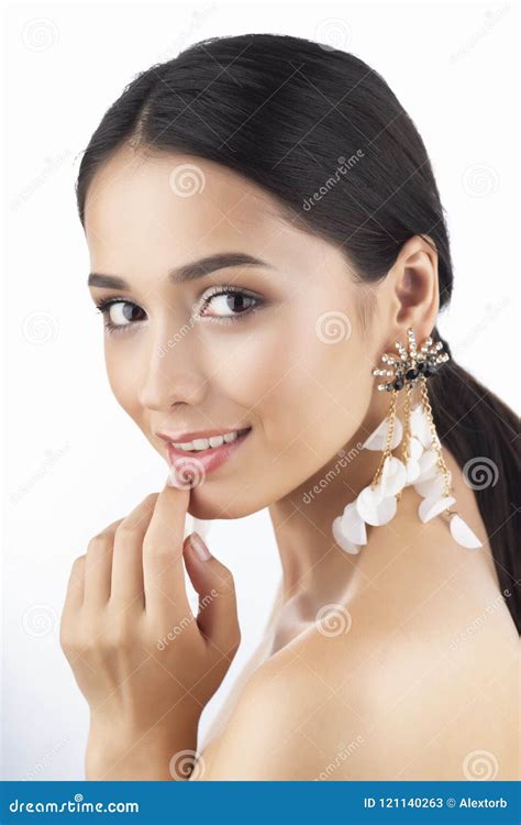 Beauty Portrait Of A Beautiful Smiling Brunette Girl Model With Stock