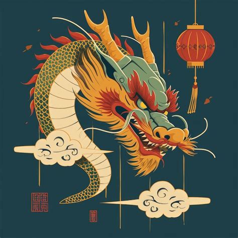 Premium Photo Asian Dragon Illustration Logo With Lantern In Chinese