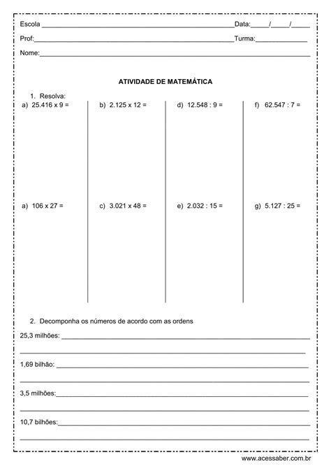 ATIVIDADE DE MATEMÁTICA 6 Ano PDF