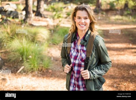 Pretty Blonde Hiker Smiling To Camera Stock Photo Alamy