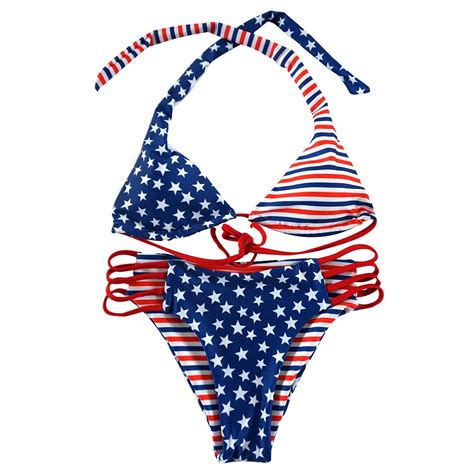 Womail Sexy Women American Print Flag Bikini Hollow Swimsuit Mid