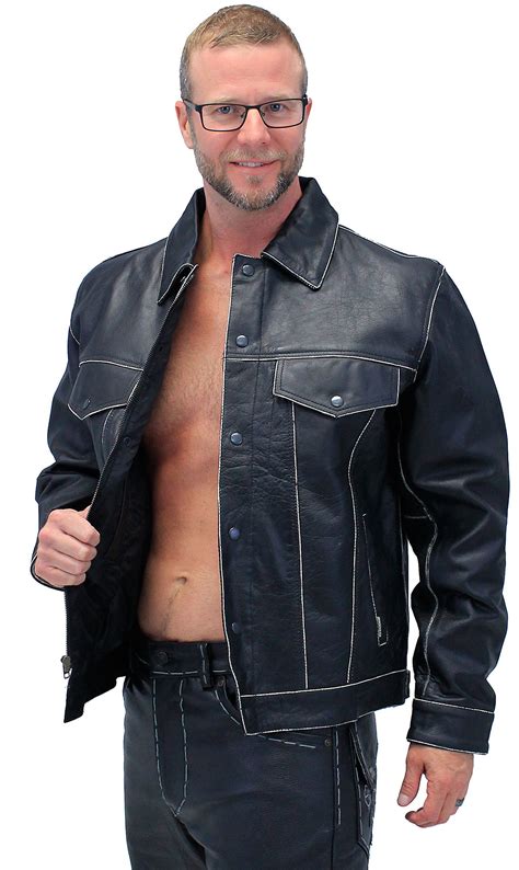 Black Vintage Leather Jean Jacket With Concealed Pockets Ma6643k