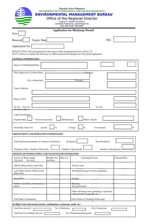 Wastewater Discharge Permit Application For Discharge Permit New