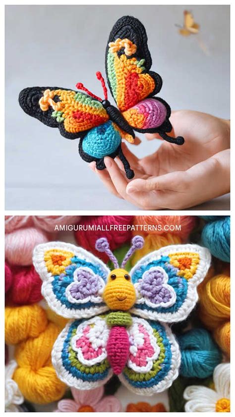 Crocheted Butterflies Are Shown In Different Colors And Sizes With The