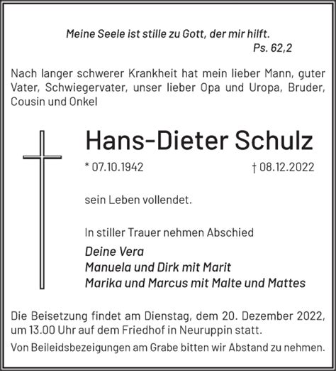 Traueranzeigen von Hans Dieter Schulz Märkische Onlinezeitung