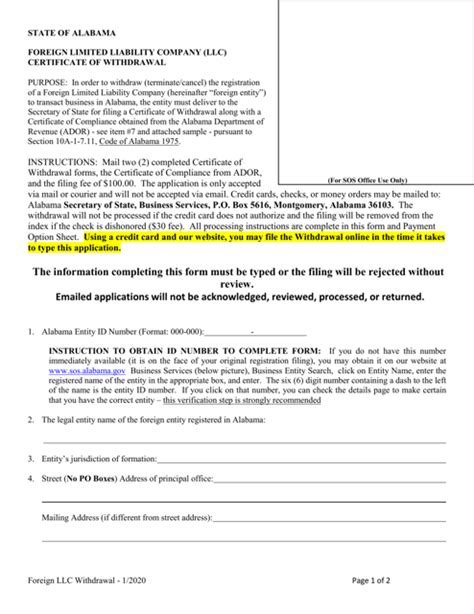 Alabama Foreign Limited Liability Company Llc Certificate Of Withdrawal Download Fillable Pdf