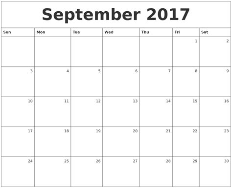 September 2017 Monthly Calendar