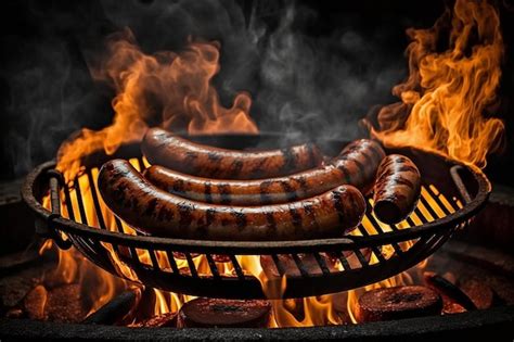 Premium Photo Sausages Closeup On The Grill On Fire Dark Background