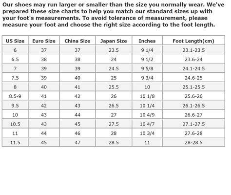 Mens Shoe Sizing Chart Printable