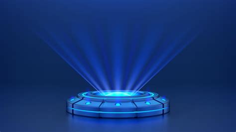 hologram platform  blue glowing neon lights  holographic podium