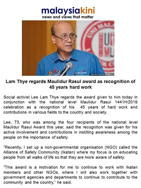 UNI MALAYSIA LABOUR CENTRE Lam Thye Regards Maulidur Rasul Award As