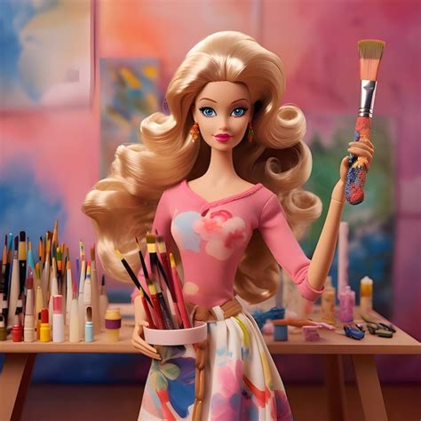 Premium AI Image Cute Blonde Barbie Wearing Pink Outfit As Painter Against Blurred Background