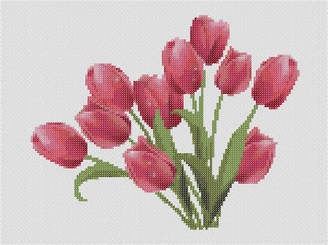 Bunch Of Tulips Counted Cross Stitch Pattern Flowers Pixel Art Pattern