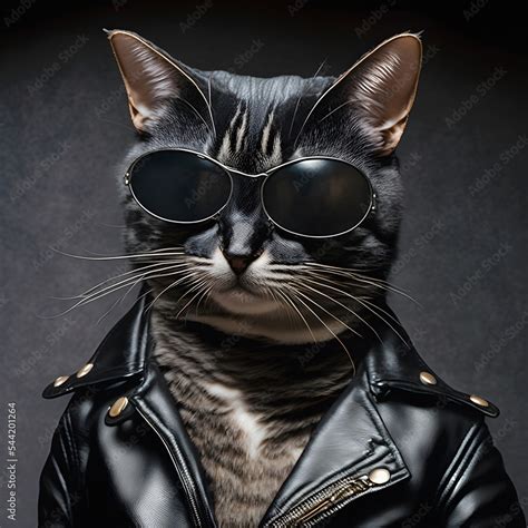 Portrait of a macho cat wearing a black leather jacket and stylish ...