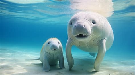 Premium AI Image | Mother Dugong Teaches Baby Dugong to Swim