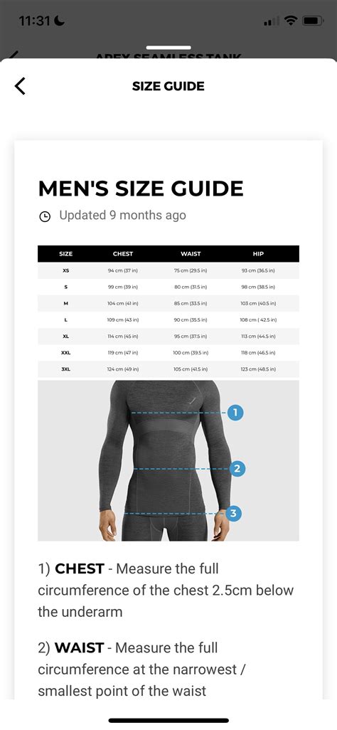 Screenshot Of Gymshark Size Guide