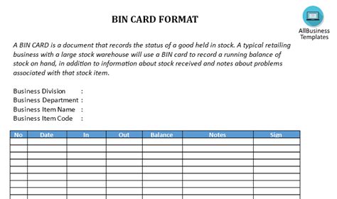 Bin Card Format Templates At