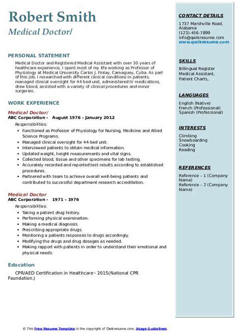 Medical Doctor Resume Samples Qwikresume