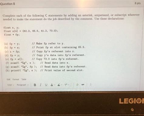 Solved Complete Each Of The Following C Statements By Adding Chegg