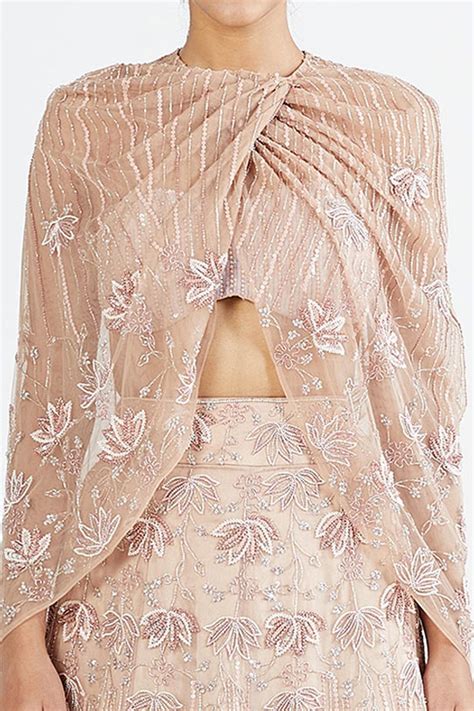 Buy Megha Bansal Pink Silk Organza Hand Embroidered Cape And Lehenga