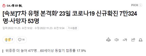 속보 7차 유행 본격화 23일 코로나19 신규확진 7만324명·사망자 53명 정치시사 에펨코리아