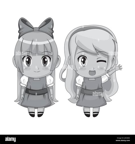 Monochrome Full Body Couple Cute Anime Girl Facial Wink Expression And