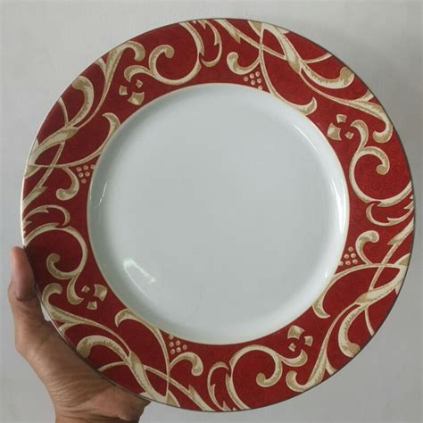 Jual Piring Makan Keramik Hias Sango Cantik Motif Jadul Warna Merah