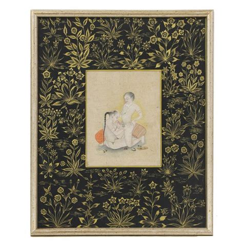 19th Century India Erotic Mughal Painting With Gold Floral Border