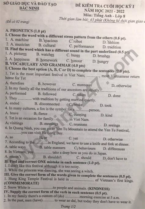 Đề thi học kì 1 Anh lớp 8 năm 2021 2022 tỉnh Bắc Ninh