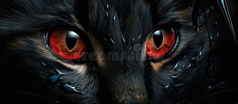 Close Up Head Shot Of A Black Cat With Red Eyes And A Mysterious Smile