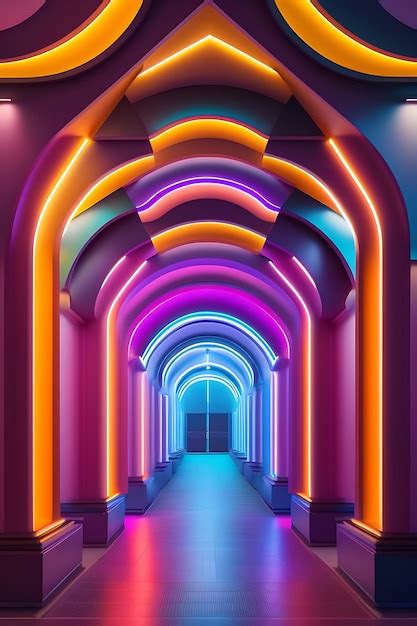 Premium Ai Image Abstract Neon Lights Archway Colorful Glowing Hallway Tunnel Of Intricate Design