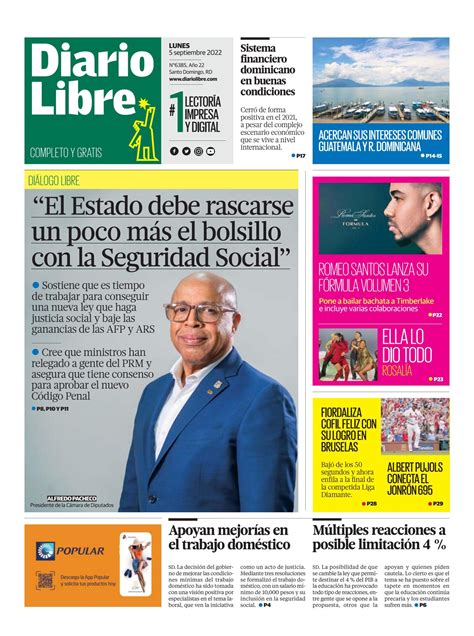 Portada Periódico Diario Libre Lunes 05 Septiembre 2022 Dominicanado