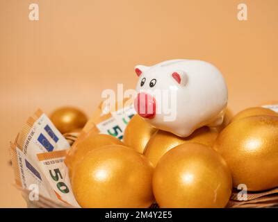 Golden Eggs And Piggy Bank On Money Golden Chicken Eggs On Euro